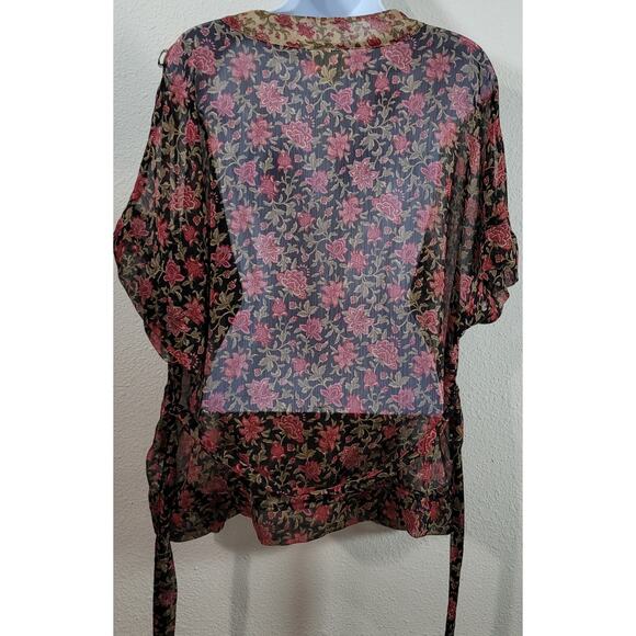 Converse Black Red Floral Sheer Button Up Top XL Lightweight Belted Soft Stretch - Picture 5 of 8